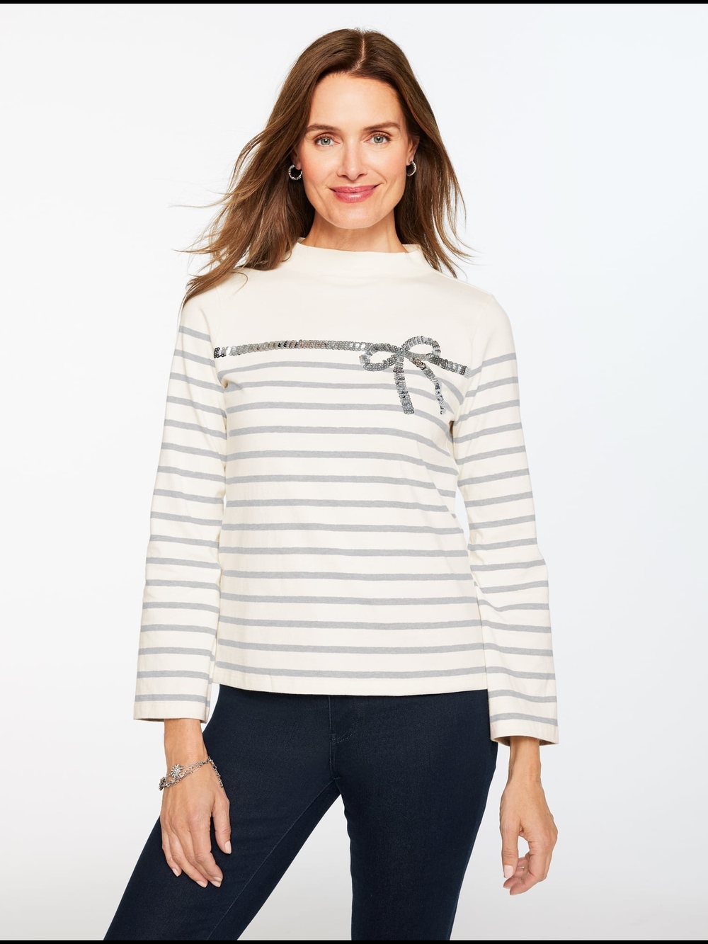 Talbots New White Gray Striped Sequin Bow Mockneck Long Sleeve Tee Size M